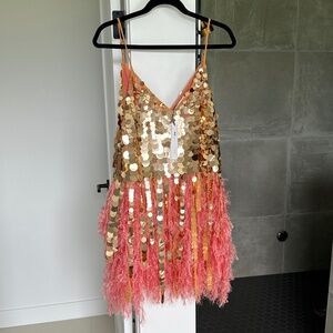 ASOS EDITION paillette sequin mini dress with faux feather hem in coral